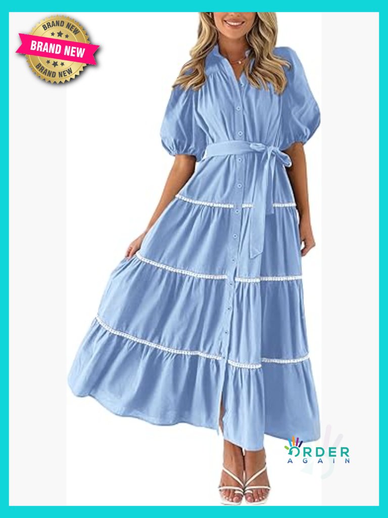 Striped Button Down Shirt Dress Short Puff Sleeve Tiered Ruffle Flowy Maxi